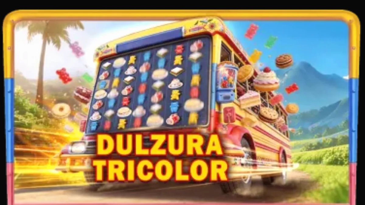 Tampilan visual slot Dulzura Tricolor dengan tema tropis dan simbol makanan manis