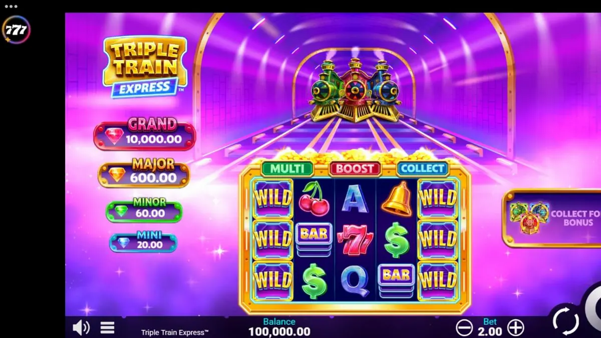 Tampilan futuristik slot Triple Train Express dengan nuansa neon
