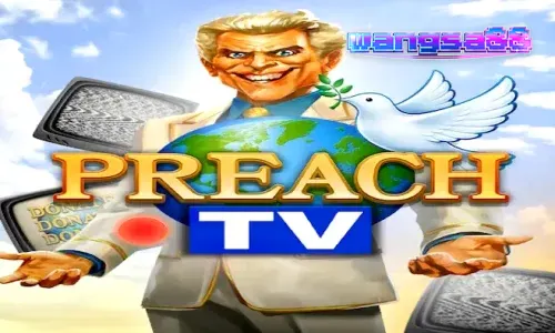 Tampilan visual slot Preach TV dengan tema studio televisi retro